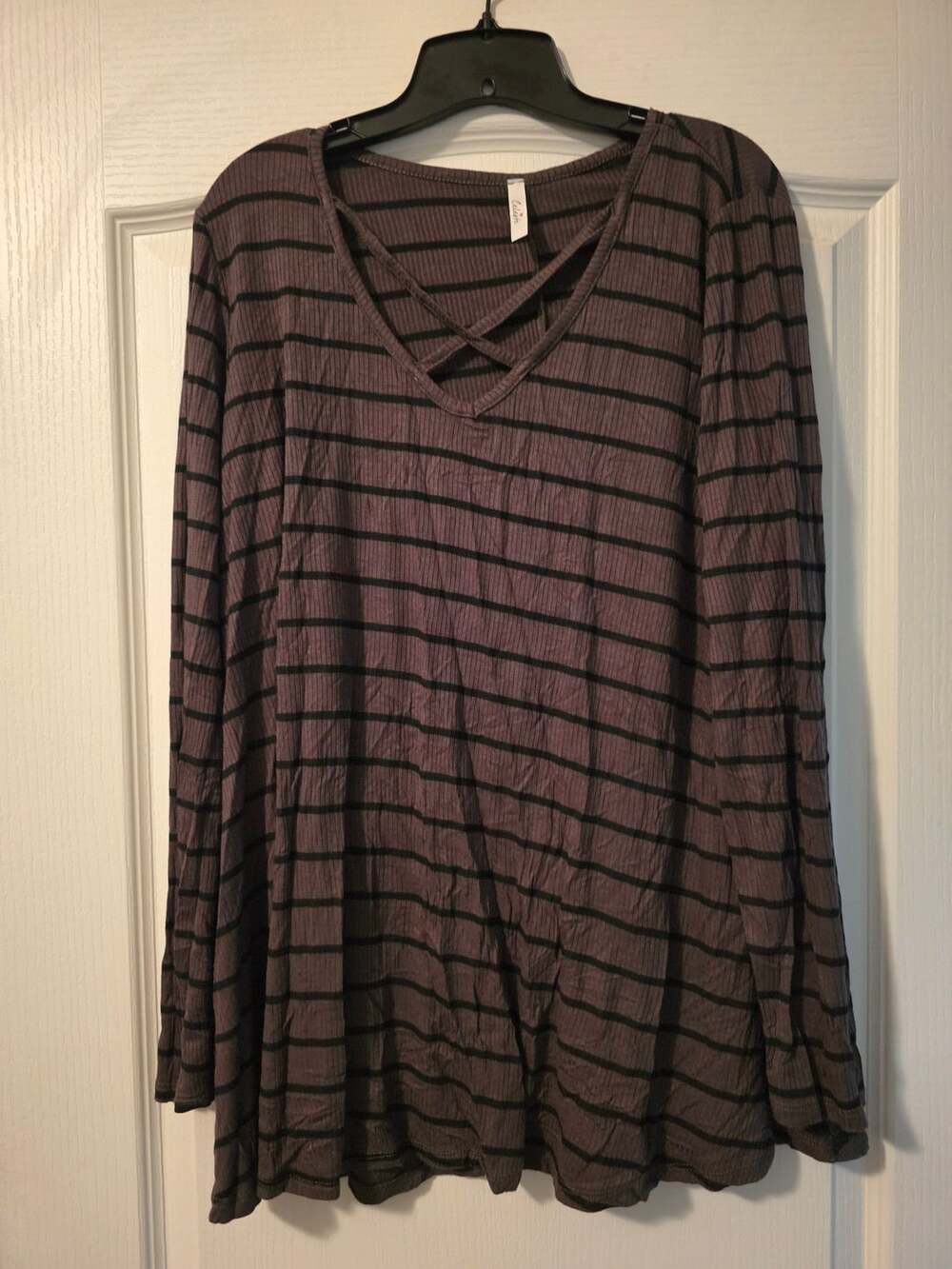 Celeste Striped Long Sleeve Top Crisscross Neck Plus Size 1X
